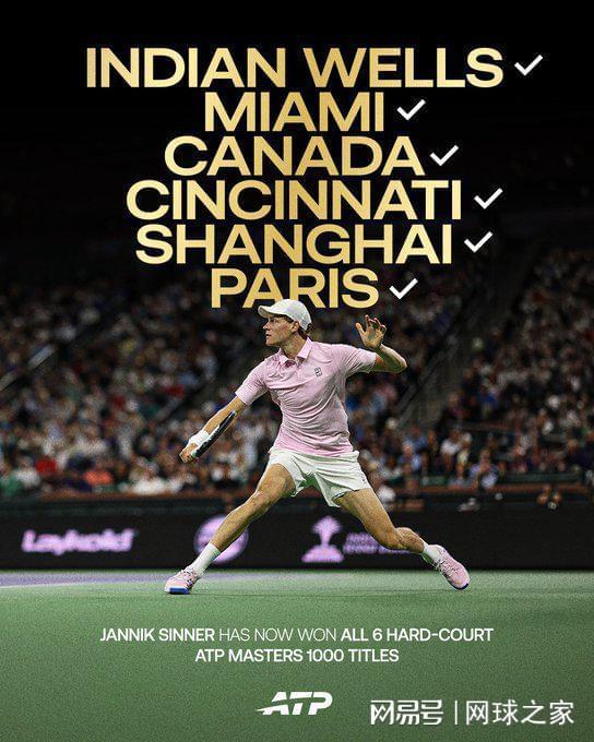 开云体育-辛纳解锁全部六站硬地大师赛冠军，一纪录比肩德约费德勒
